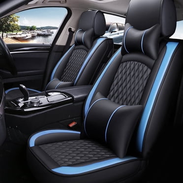 Maidao Car Seat Covers Leather Set for Nissan for Kicks 2018-Present 5 Seats Compatible Airbag Waterproof Front Rear Cushion Protector with Pillow Black and Blue