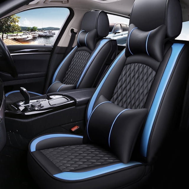 Maidao Car Seat Covers Full Set for FIAT for Linea 2007-2018 5 Seats Compatible Airbag Water Resistant Front Rear Cushion Protector with Headrest Black and Blue
