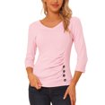 thumbnail image 1 of INSPIRE CHIC Women's Button Decor V Neck 3/4 Sleeve Solid Knitted Ruched Blouse Light Pink S, 1 of 5