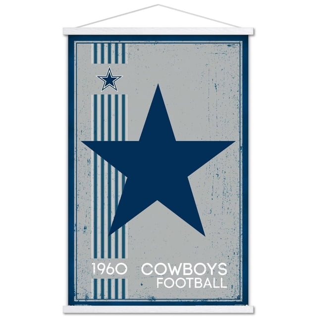 NFL Dallas Cowboys - Retro Logo 14 Wall Poster, 22.375" x 34" framed poster with a large navy blue star on a distressed gray background, vertical navy and white stripes on the left, a smaller star above, and white text '1960 Cowboys Football' at the bottom, ideal for home décor and party decoration.