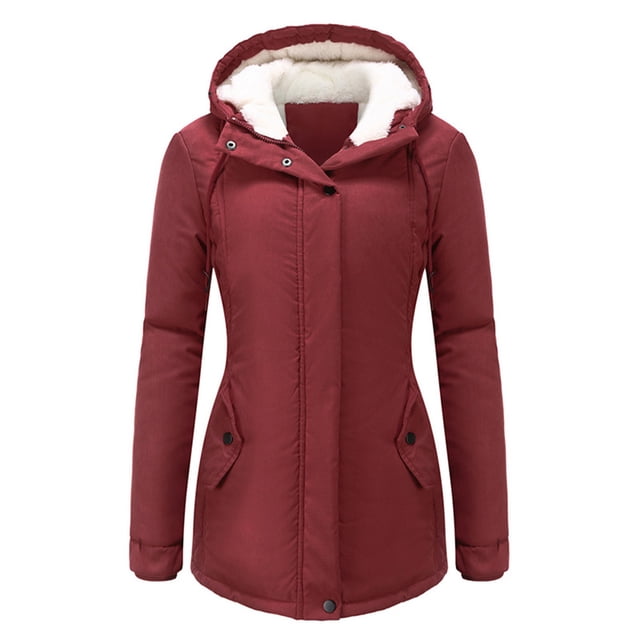 Innerwin Coat Hooded Ladies Outwear Drawstring Long Sleeve Buttons Jacket Dark Red S