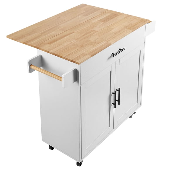 KFFKFF Kitchen Island Cart with Solid Wood Top, 35.4" Width Mobile Carts with Storage Cabinet, Rolling Kitchen Table with Spice Rack, Towel Rack, Drop Leaf and Drawer,Portable Islands on Wheels, White
