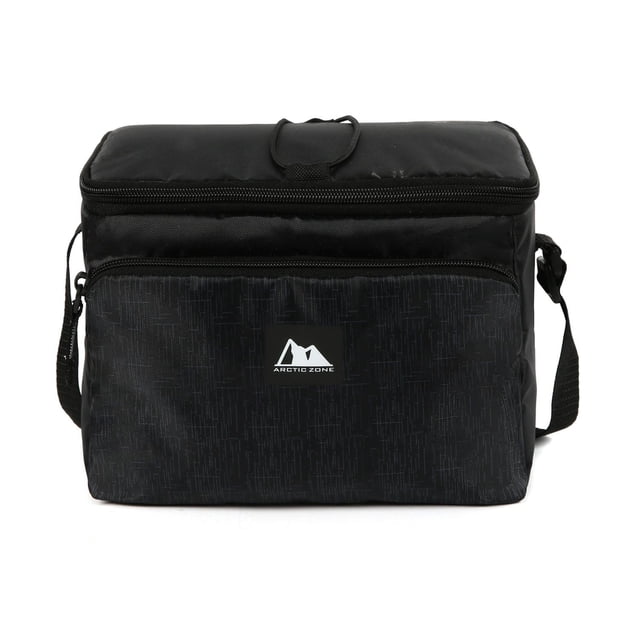 Arctic Zone Hardbody® Lunch Pack in black with a rectangular shape, featuring a crush-resistant removable hard liner, high-density thermal insulation, Ultra Safe® leak-proof lining, front accessory pocket, adjustable shoulder strap, and a high-performance ice pack to keep food cool, also suitable for safely carrying small electronics.