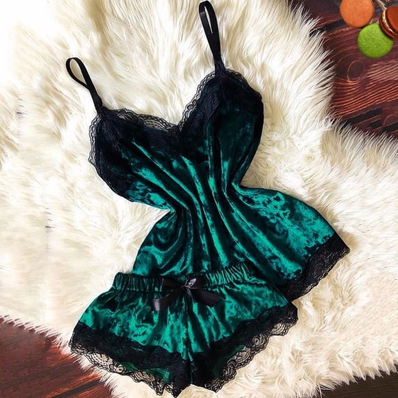 Zjloe7sa Women's Lingerie Set New Women Lingerie Camisole Bow Shorts V-Neck Tops Velvet Pajamas Sleepwear Light blue