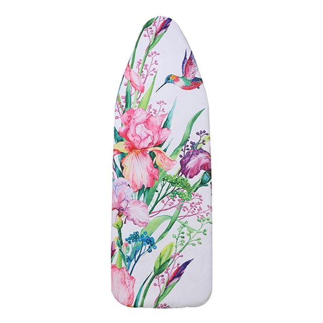 Ironing Board Cover Coated Thick Padding Resistant Scorch Pad 55x19 inches, featuring a vibrant floral pattern with pink, purple, and green hues, and a hummingbird design. Made of durable polyester material, it is heat-resistant and easy to install. Suitable for standard ironing boards, it combines functionality with a stylish aesthetic.