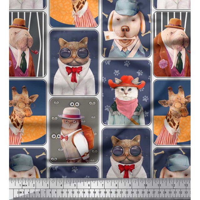 Soimoi Velvet Fabric Paw,Hat & Animals Patchwork Print Fabric by Yard 58 Inch Wide