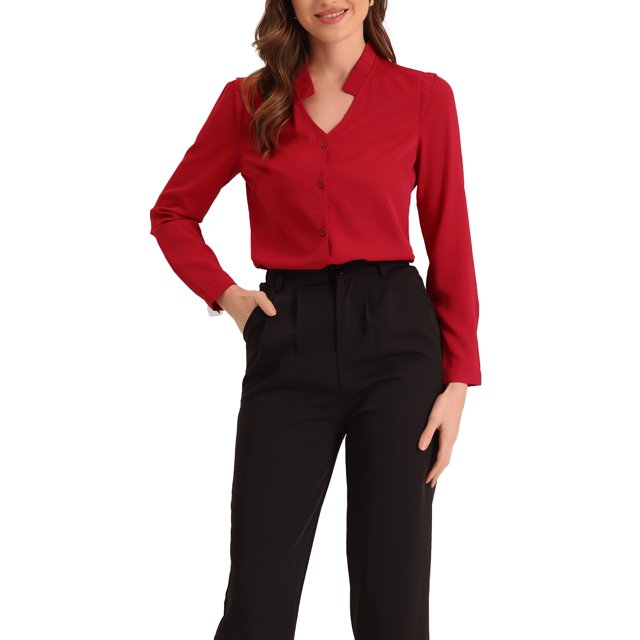 INSPIRE CHIC Chemise Élégante à Manches Longues Col en V pour Femme TG Rouge