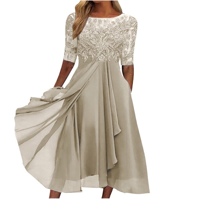 Pompotops Robe de Fête pour Femmes Aguichant Unie à Manches Mi-Longues, Col Rond, Dentelle, Mousseline, Maille, Taille, en Solde