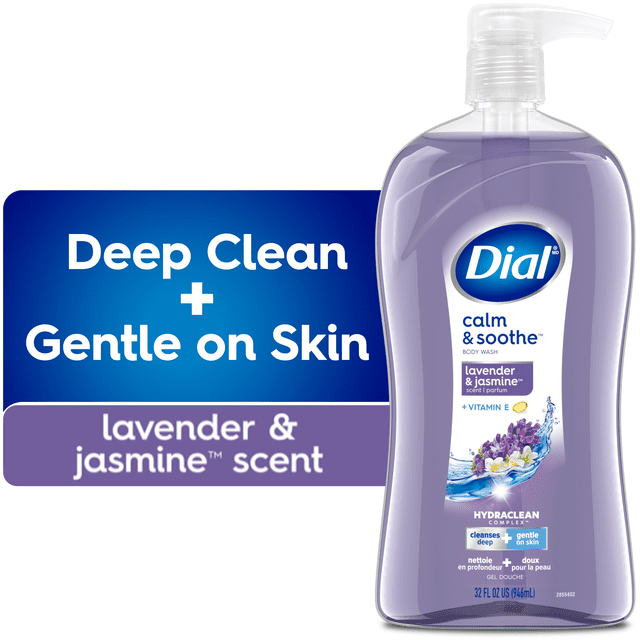 Dial Lavender & Jasmine Soothing Body Wash, 946ml, Dermatologist Tested, Free from Silicones, Parabens, Phthalates, SLS front-facing bottle showing Dial logo and label; Lavender & Jasmine scented formula with HYDRACLEAN Complex and Leaping Bunny cruelty-free mark; 946ml volume; suitable for use as a gentle hand wash.