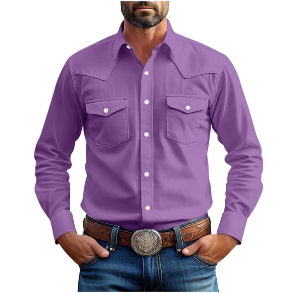 Brnmxoke Chemise Henley en Lin pour Homme Douce Décontractée à Col Style Western Cowboy Chemises Vintage à Manches Longues Boutonnée avec Poches Cargo T-Shirt de Travail Violet, TTTG