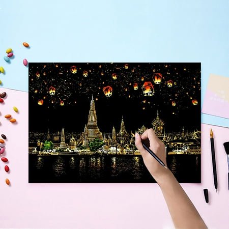 Nightscape Kit d'Art à Gratter DIY pour Adultes Enfants Révéler des Designs Cachés Activité Éducative