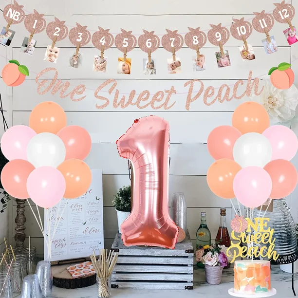 One Sweet Peach Geburtstagsdeko-Set – 1. Geburtstag Mädchen – Mit Ballons, Banner, Fotobanner, Hochstuhlbanner, Tortenaufsatz & Folienballon Zahl 1