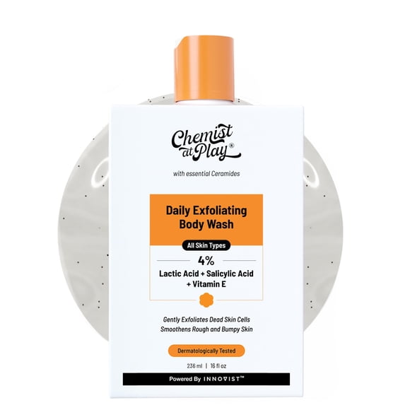 Chemist At Play Exfoliating Body Wash | For Dry, Rough, Bumpy, Strawberry Skin with 1% Salicylic Acid, 2% Lactic Acid & Ceramides | For Men & Women | 236ml + Loofah