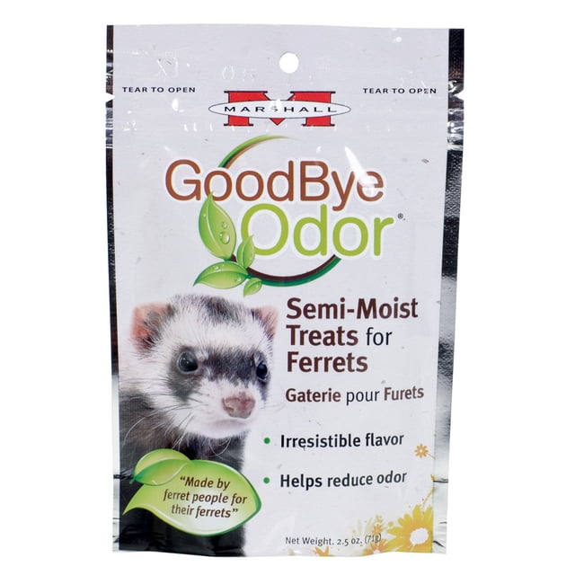 Marshall Friandises Semi-Humidifiantes Adieu Odeurs pour Furets - 2,5 oz, Emballage Refermable avec image de Furet et image de Marque. Ces Petites Friandises pour Animaux Aident à Réduire les Odeurs de Furets, Y Compris les Déchets, l'Urine et les Odeurs Corporelles, Tout en Offrant une Saveur Irrésistible.