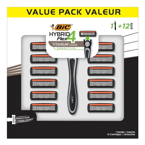 BIC® Flex 4 Hybrid™ Disposable Men's Razor, 4-Blade, 1 handle and 12 Cartridges, Pivoting Head and Lubricated Strip for a Smooth Shave