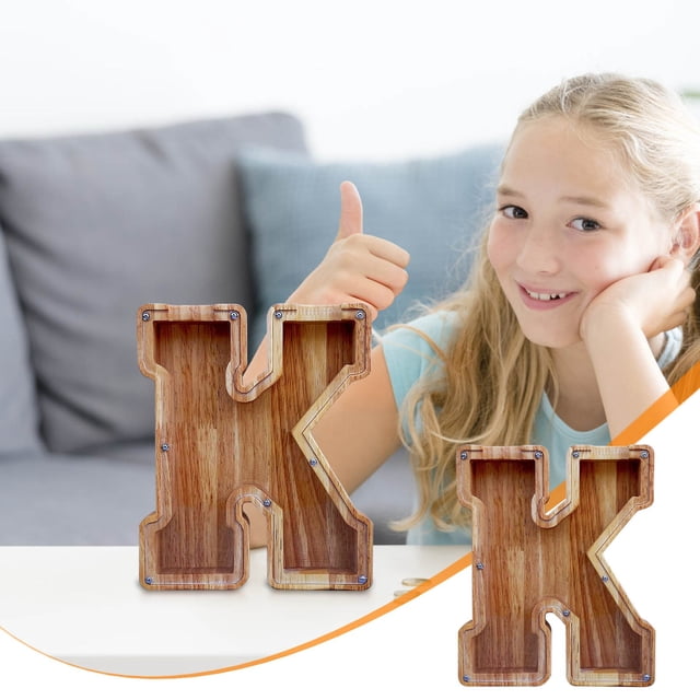 LSLJS Wooden English Letter Saving Can Transparent Glass Saving Can, Piggy Bank