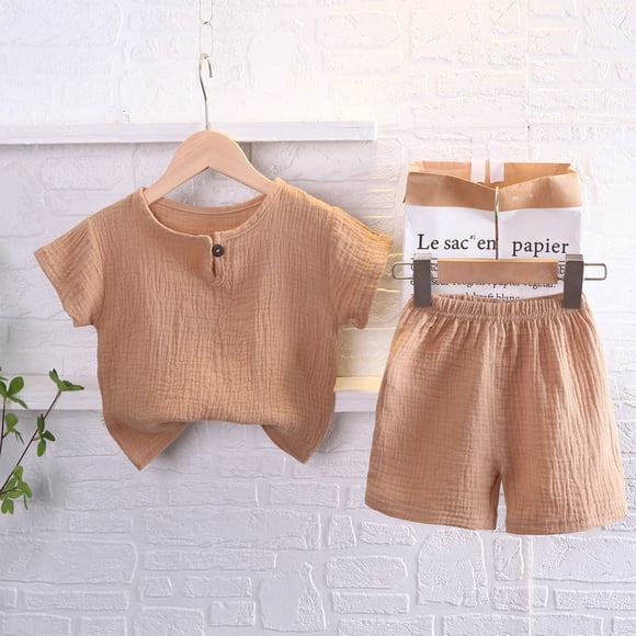 Liquidation et Promo, Chemise Unie à Manches Courtes avec Motif pour Enfants, Chemise Fine Décontractée pour Garçons de 3 à 11 Ans, Vêtements Confortables pour Enfants Chic et Douillets/60 % Coton, 40 % Lin, Kaki, Sopatenor