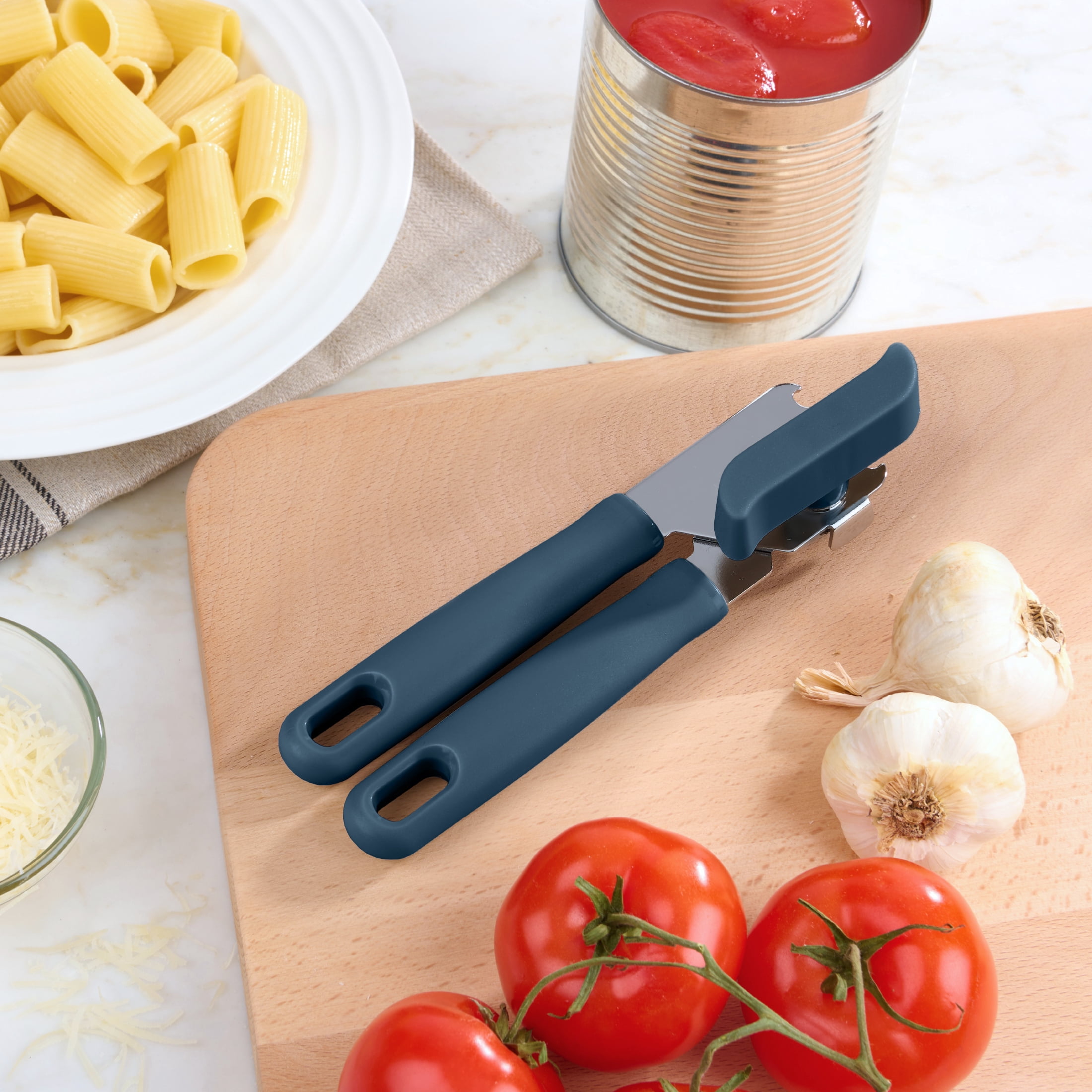 Mainstays Kitchen Manual Can Opener with Integrated Bottle Opener, Ergonomic Handle, 20 cm, Navy