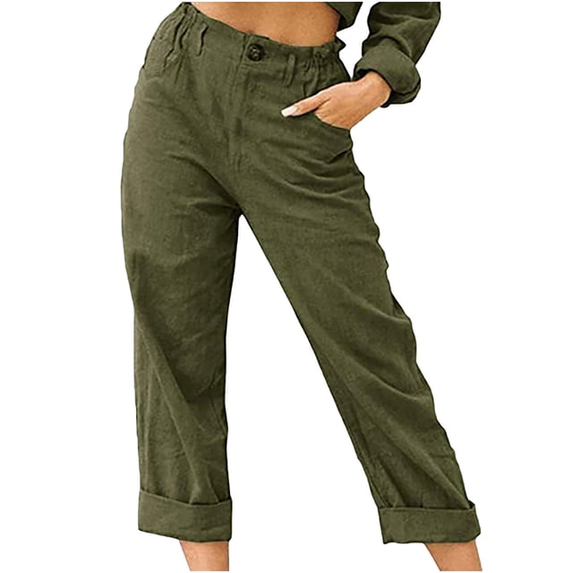 RKSTN Womns Pants Casual Solid Color Pockets Buttons Elastic Waist Comfortable Straight Pants Lightweight Soft Workout Pants