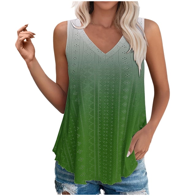 Plebaso Womens Tank Tops V Neck Gradient Lightweight Eyelet Shirts Flowy Loose Summer Sleeveless Blouses