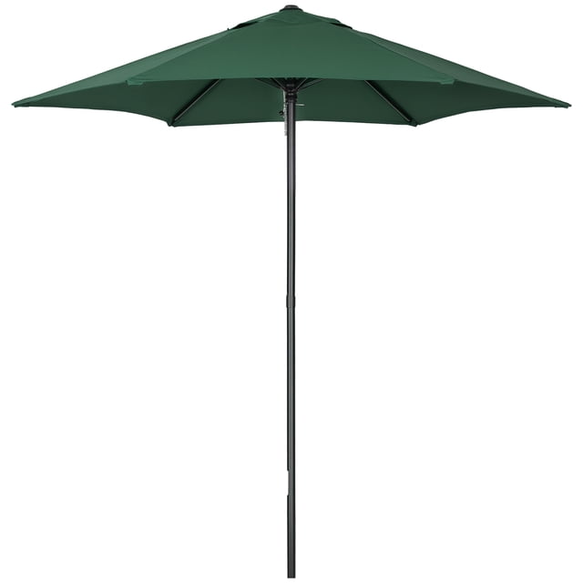 Outsunny 6.6FT Patio Umbrella, Outdoor Parasol with 6 Solid Ribs, Green. This outdoor umbrella features a classic design with a green polyester canopy supported by six aluminum ribs for added stability. The umbrella has a push-open mechanism for easy operation and a sturdy aluminum pole with a 1.3-inch diameter. Suitable for patios, gardens, and outdoor spaces, it provides ample shade with a 6.4-foot diameter. Note: Base not included; avoid use in extreme weather.