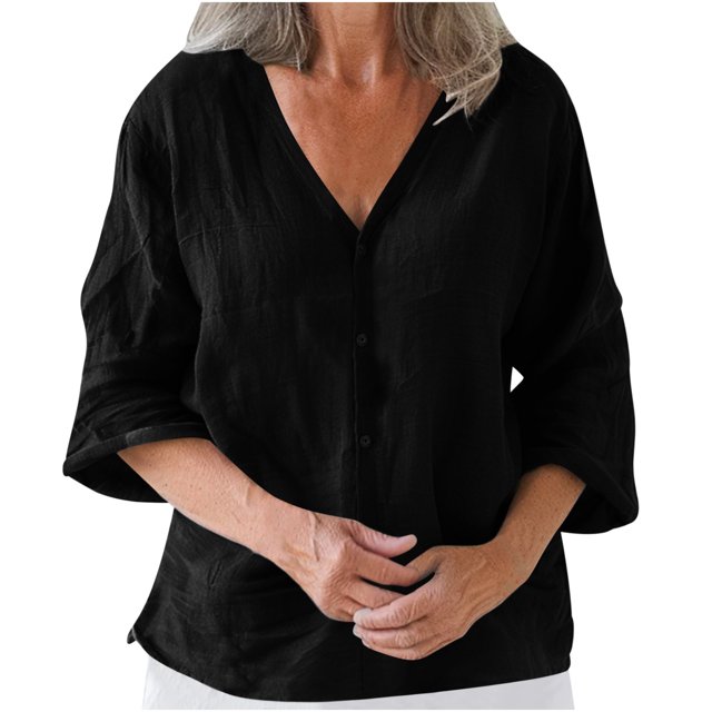 Timegard Womens Summer Tops V-Neck 3/4 Sleeve Button down Solid Color Lightweight Casual Loose Tops