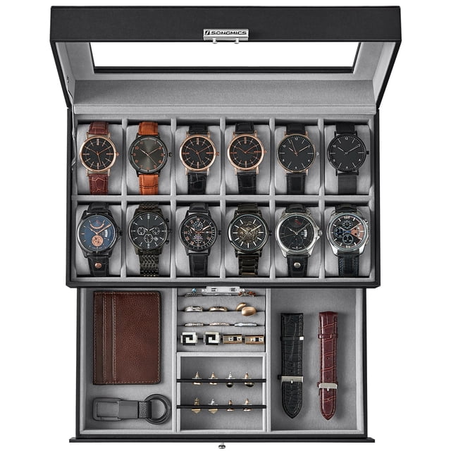 Elegant 12-Slot Watch Box, Lockable Case with Glass Lid, 2 Layers, 1 Drawer for Rings, Bracelets - Gift Idea in Black Synthetic Leather