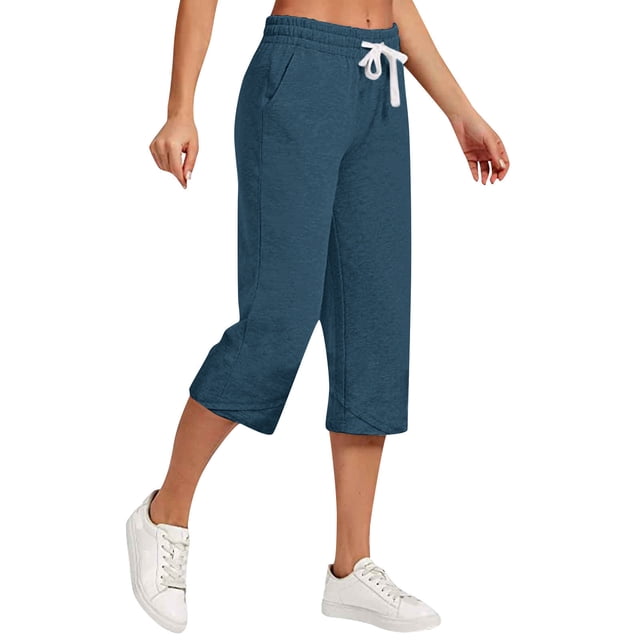 Jsaierl Linen Capri Pants for Women Cotton High Wisted Stretch Drawstring Pants Wide Leg Straight Leg Capri with Pockets Plus Size Capris