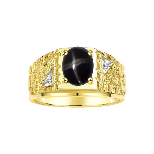 RYLOS Men's Rings 14K Yellow Gold Designer Nugget Ring Oval 9X7MM Gemstone & Diamonds Black Star Sapphire Birthstone Rings For Man Size 11