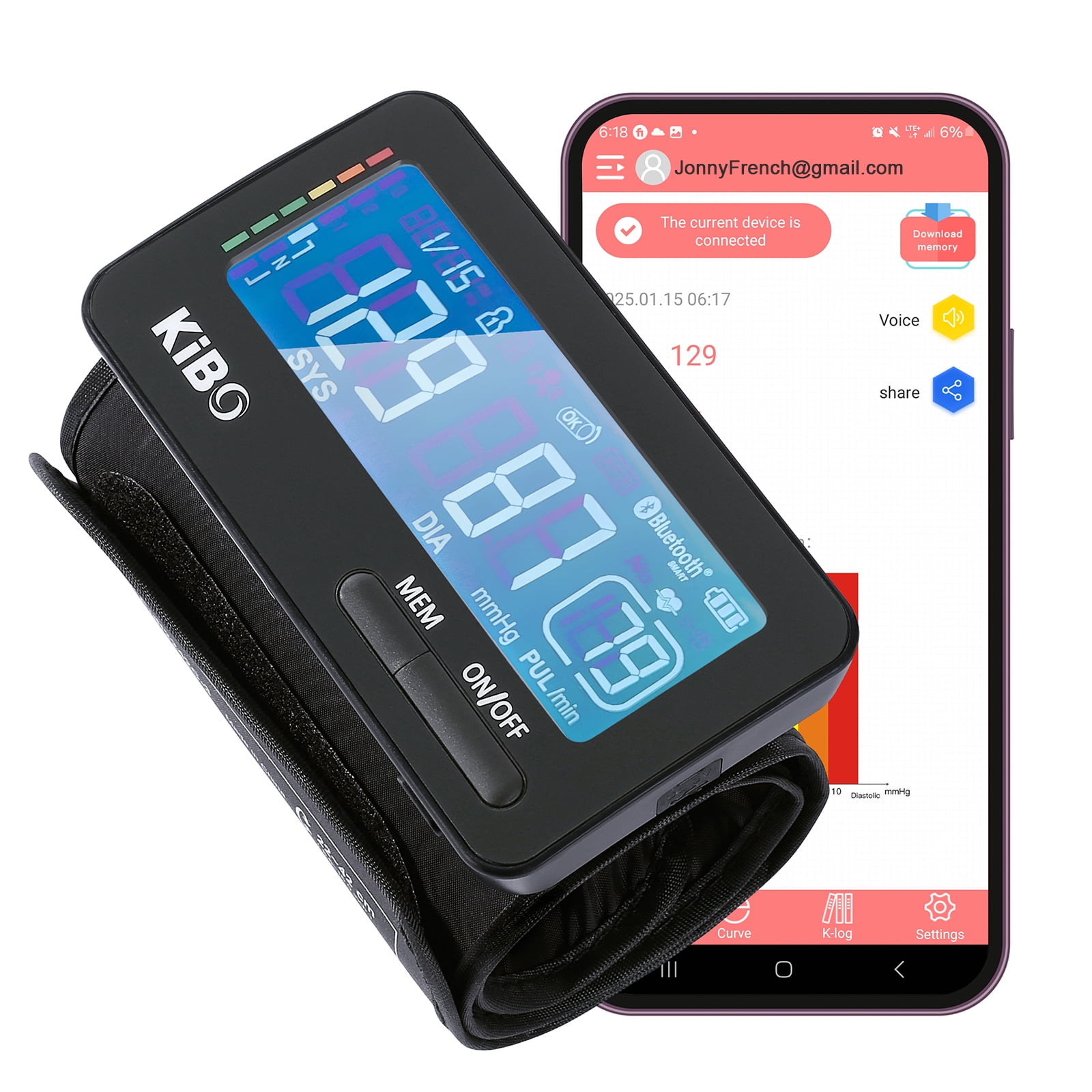 KiBO Tubeless All in One Upper Arm Automatic Digital Blood Pressure Monitor.Clinically Accurate with Bluetooth Function & APP,Large Cuff Size 22-42CM,Large Display,2 Users 150 Memories