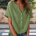 thumbnail image 2 of Floleo T-Shirt à Manches Courtes pour Femmes, Style Lin, Col en V, Boutons devant, Demi-Ouverture, Haut Vintage Classique, Respirant, Confortable, Extensible, Tissu Fin, Printemps Été Automne, Tenue Quotidienne (Vert, G), 2 of 8