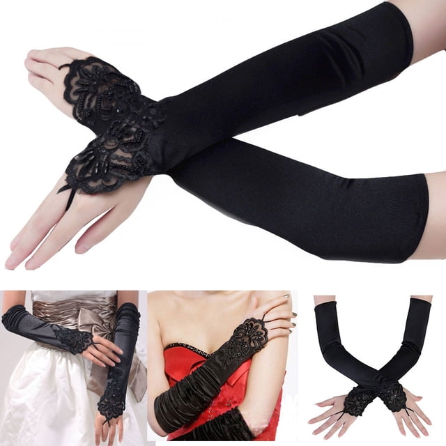 Gants Noirs Mitaines Sans Doigts Gants Longs Mariage Mariée Mode Paragraphe Gants en Dentelle