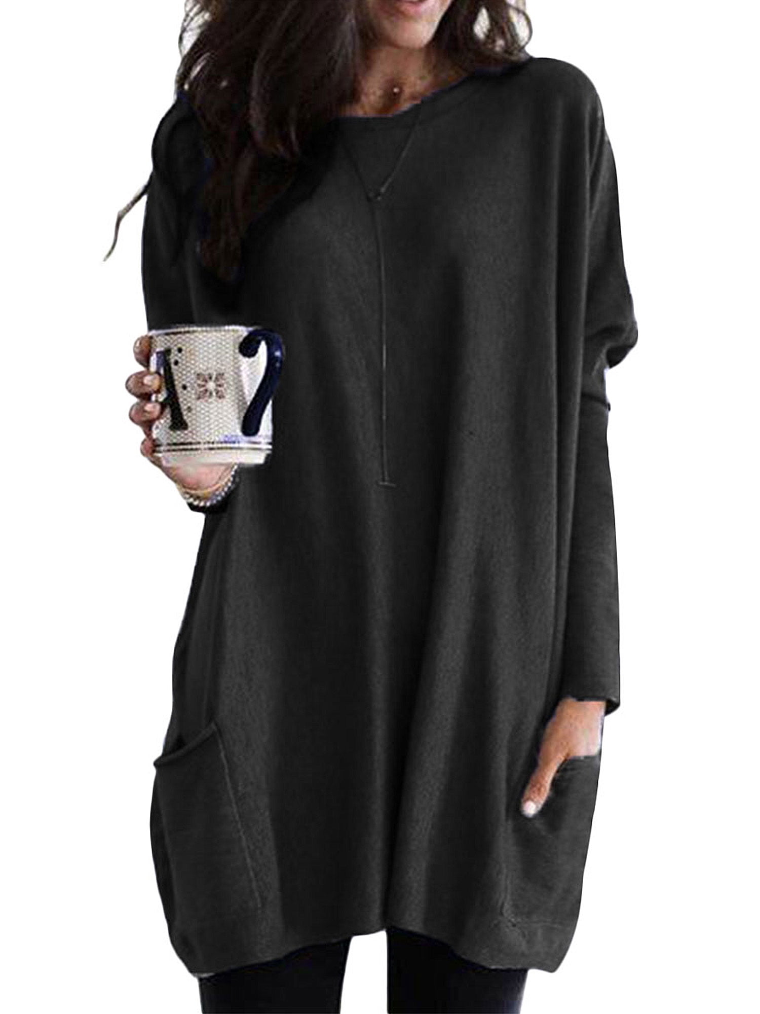 Chandail en Molleton à Manches Longues Surdimensionné Automne Hiver Couleur Unie Col Rond pour Femmes, Blouse Ample avec Poche, T-Shirt Tunique