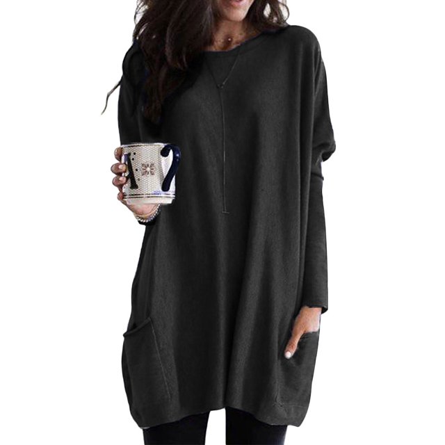 Chandail en Molleton à Manches Longues Surdimensionné Automne Hiver Couleur Unie Col Rond pour Femmes, Blouse Ample avec Poche, T-Shirt Tunique