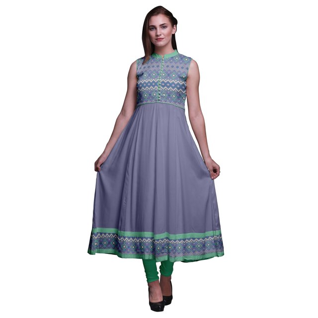 Bimba Robe Anarkali à Col Mandarin Imprimée Ikat Bleu Violacé pour Femme, Kurta Ethnique Indienne, Très Grand