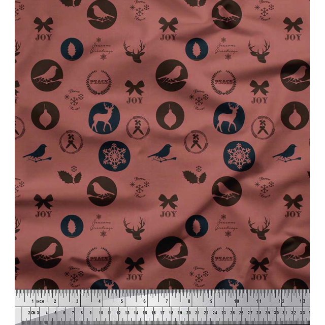 Soimoi Rayon Fabric Reindeer,Bow & Bird Print Sewing Fabric Yard 42 Inch Wide