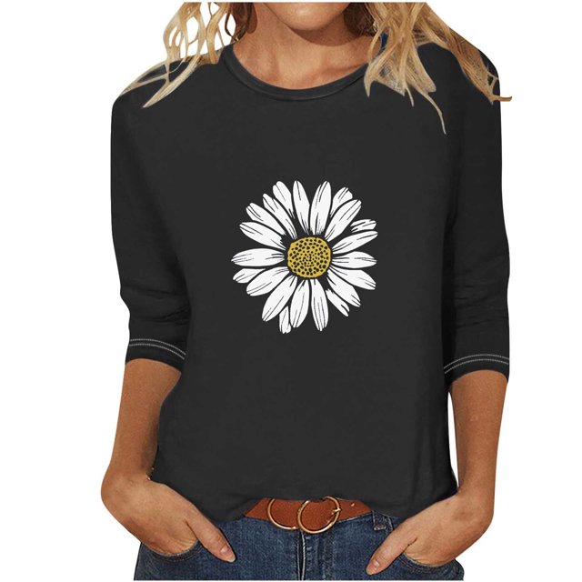 Blouses pour Femmes T-Shirt Imprimé Manches 3/4 Blouse Col Rond Décontracté, Blouses pour Femmes T-Shirts pour Femmes, Blouses pour Femmes Décontractées