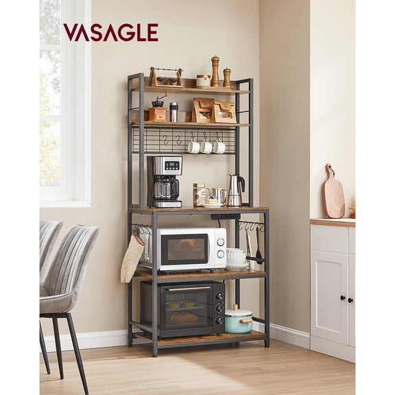 VASAGLE Bakers Rack with Power Outlet, Microwave Stand, Kitchen Tall Utility Storage Shelf, with Metal Wire Panel, 14 Hooks, 40 x 80 x 170 cm, Rustic Brown and Black