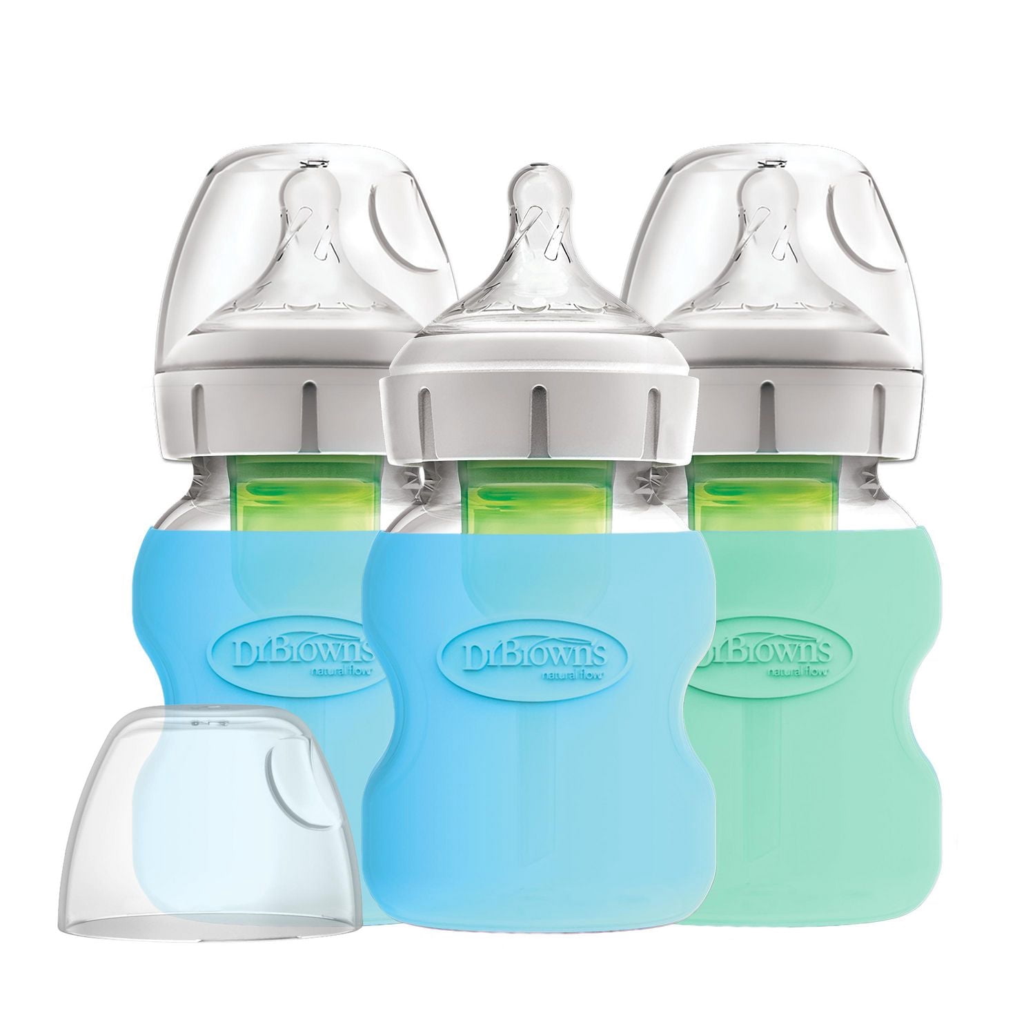 Dr. Brown's Options+ Anti-Colic Wide-Neck Glass Baby Bottles with Silicone Sleeves - Blue and Mint Green