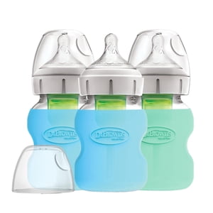 Dr. Brown's Options+ Bouteilles pour bébé en verre à large col anti-colique avec manches en silicone - Bleu et vert menthe