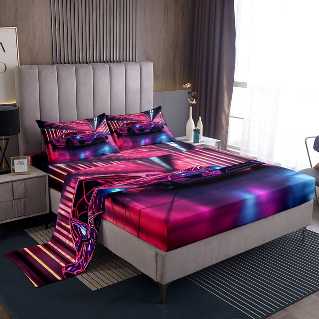Sports Car Queen Sheet Set Racing Sports Sheets,Purple Neon Light Geometric Bed Sheets Set For Kids Teens Men Extreme Sport Automobile Bed Set