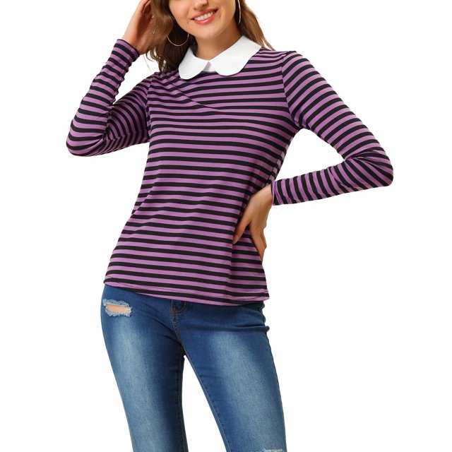 INSPIRE CHIC Blouse à Rayures Contrastées pour Femme à Col Peter Pan à Manches Longues Violet Noir 2TG