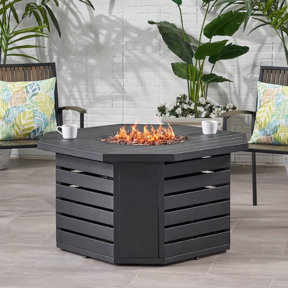 42" Metal Octagon Propane Fire Pit Table 50000 BTU, Outdoor Gas Fire Table with Lava Rock, Weather Resistant Patio Backyard Deck Heater Fireplace, Black