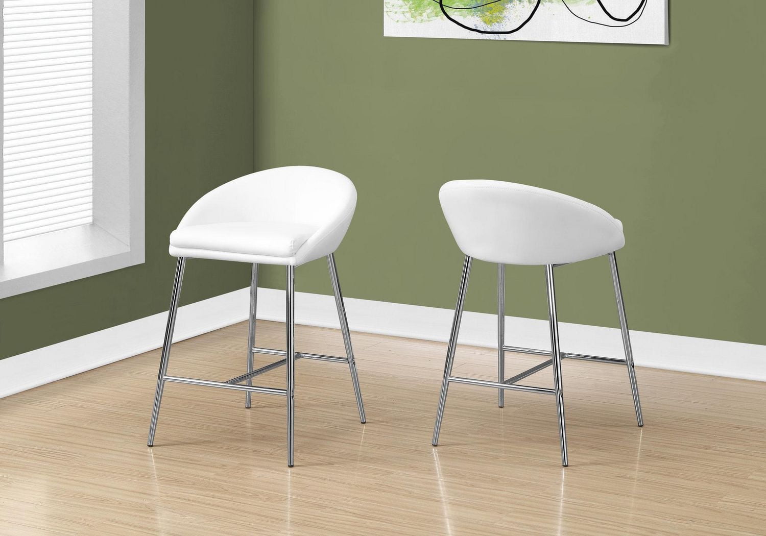 Monarch Specialties Bar Stool, Set Of 2, Counter Height, Kitchen, Metal, Pu Leather Look, White, Chrome, Contemporary, Modern