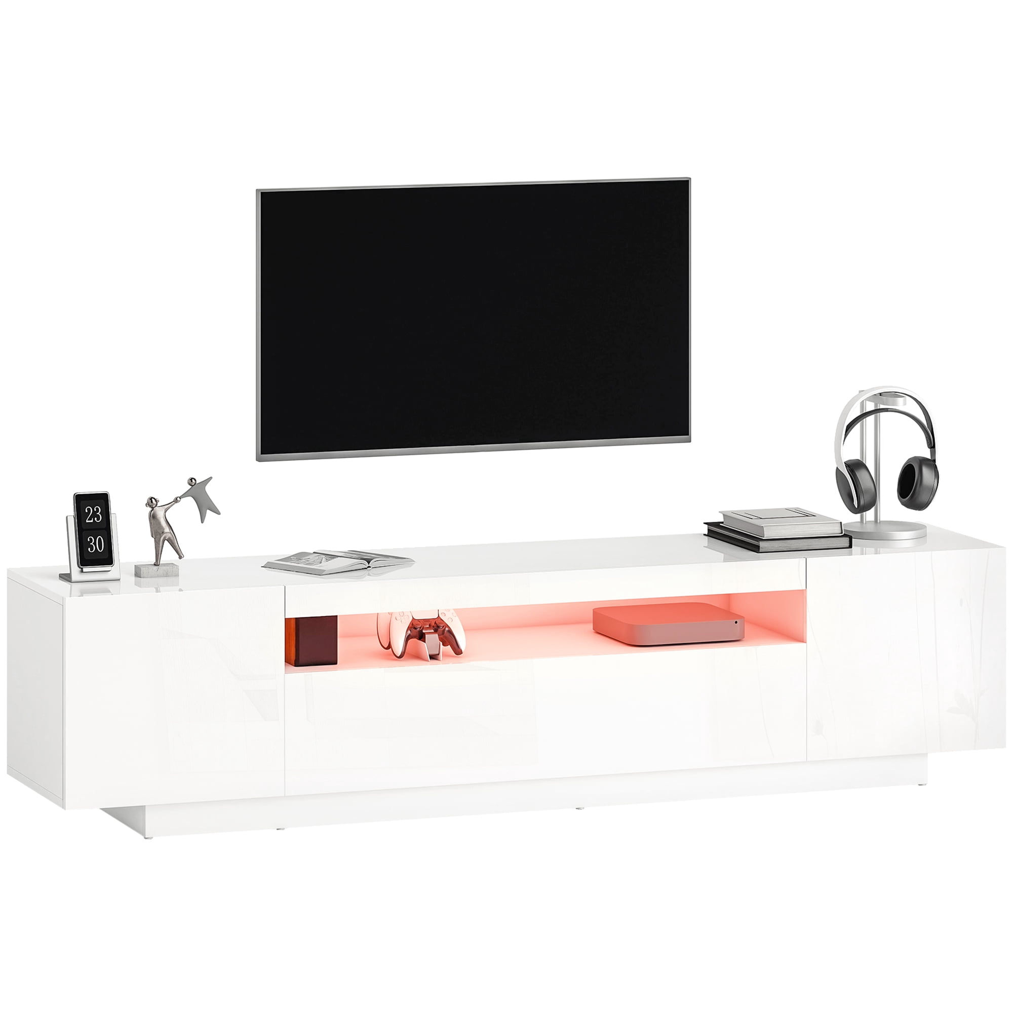 HOMCOM Meuble TV Moderne avec Lumières LED RGB, Centre de Divertissement, Blanc