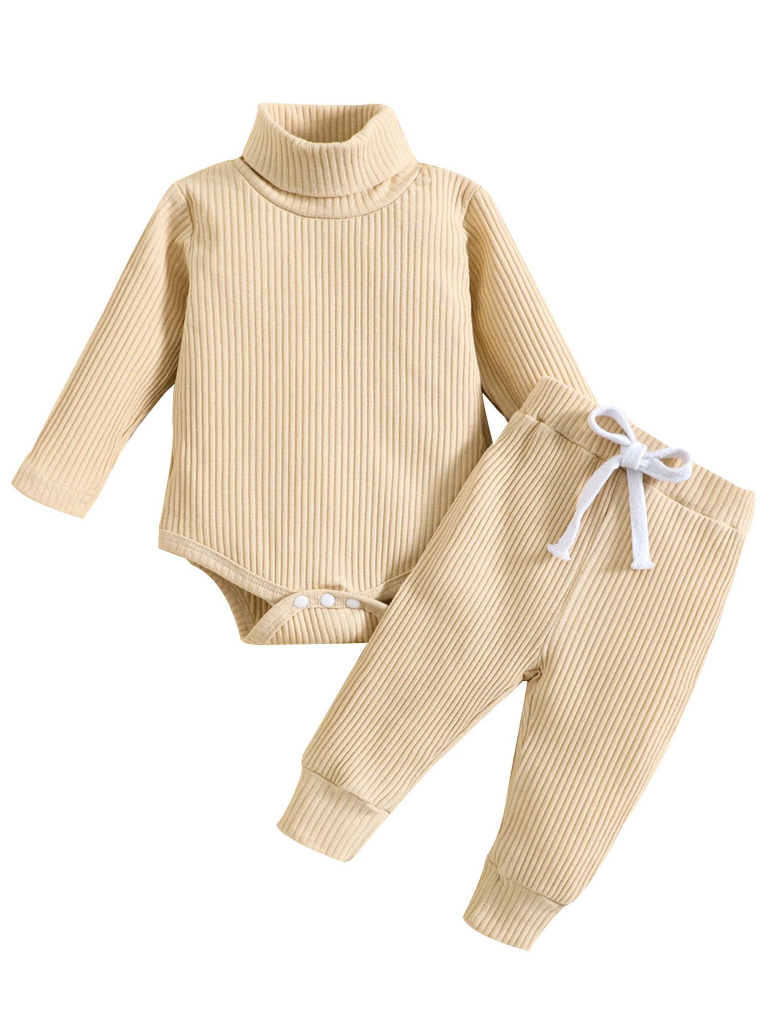FOCUSNORM Newborn Baby 2 Pcs Fall Clothes Pants Set Baby Girl Boy Winter Ribbed High Neck Romper Pants Outfits Infant Clothing