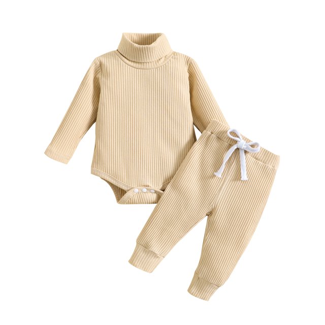 FOCUSNORM Newborn Baby 2 Pcs Fall Clothes Pants Set Baby Girl Boy Winter Ribbed High Neck Romper Pants Outfits Infant Clothing