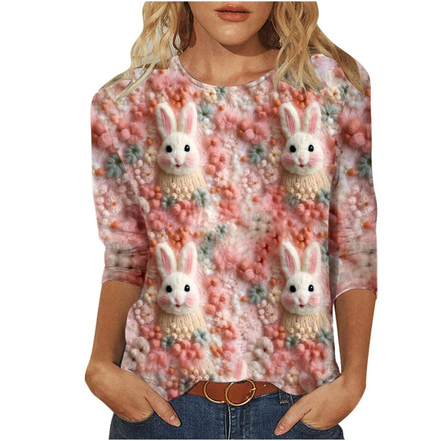 RKSTN Womens Tops Casual Fashion Cute Easter Bunny Printed 3/4 Sleeve Round Neck Tops Spring Summer 3D Printed Ruched Pullover Blouse Tops