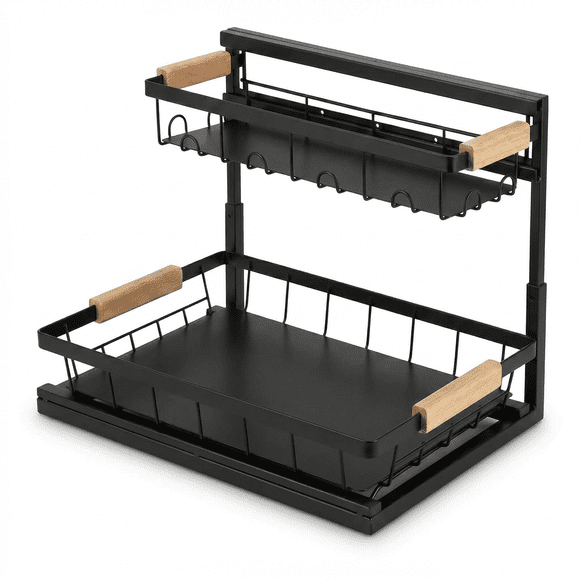 ®Under Sink Organizer Pull Out Cabinet Storage Shelf, 2-Tier Metal Sliding Drawer Rack, Rustproof Multi-Functional Space Saver for Kitchen & Bathroom (Black, 1-Pack)★★★★★