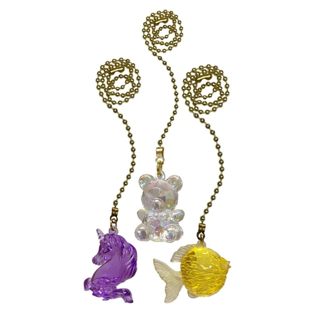 Atron Electro Industries 12 Inch Acrylic Critters Pull Chain 3 per pack with three ceiling fan pull chains featuring 12-inch brass beaded chains and colorful acrylic critters: a clear faceted bear, a purple unicorn, and a yellow fish, ideal for children's room decor and ceiling fan accessories.